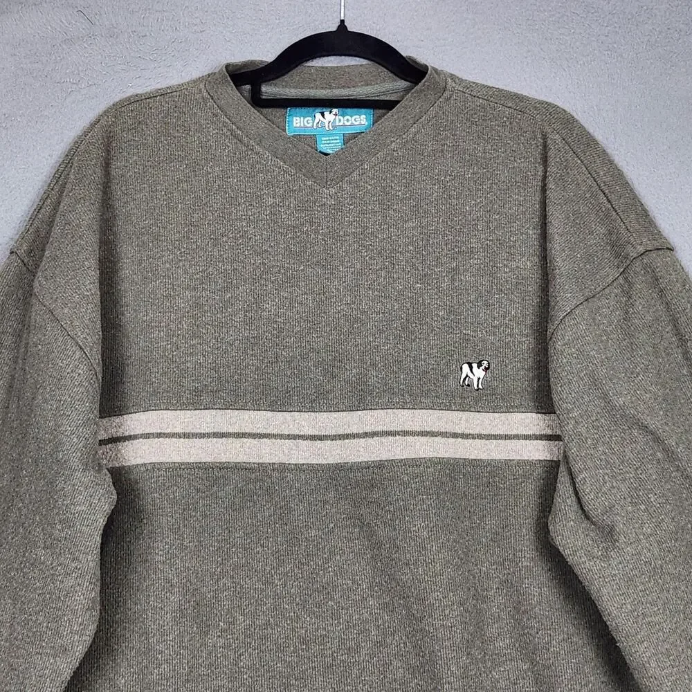 Big Dogs Sweater Mens 2XL Green Stripe V Neck Dog Logo Knit Pullover Casual